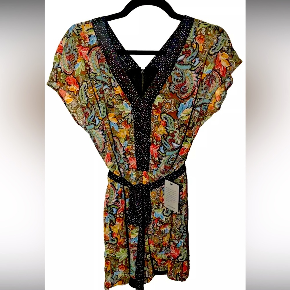 DR2 XS Black Floral Polka Dot Blouse Top Tunic Front Tie NWT